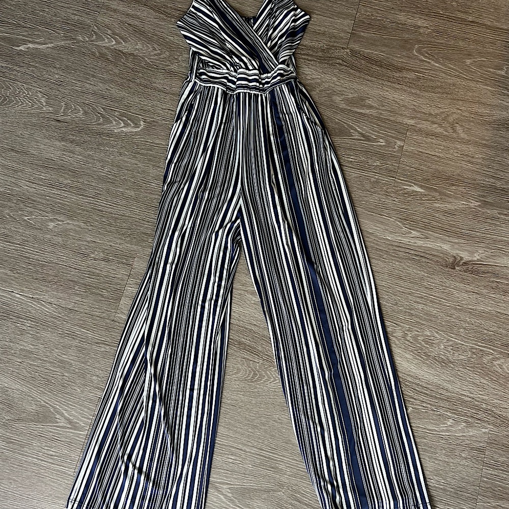 Kayleigh blue and white striped jumpsuit with pockets
